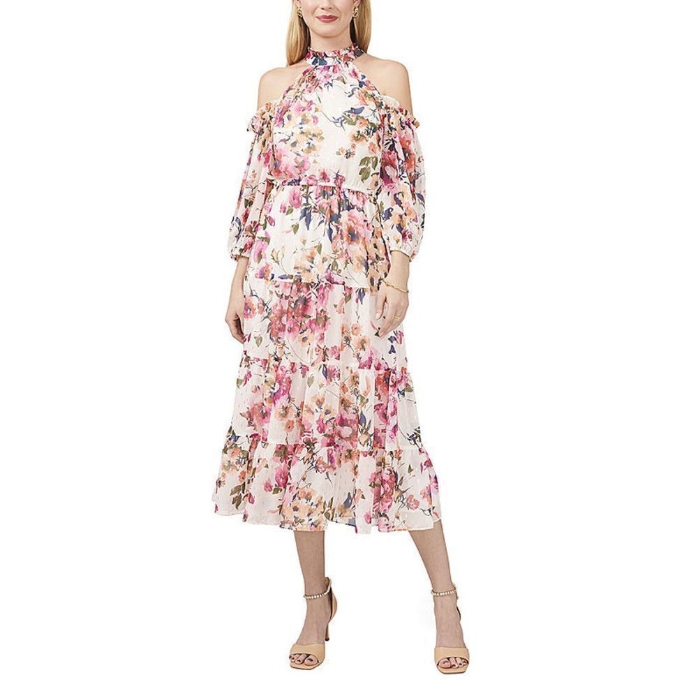 Sam And Jess 3/4 Sleeve Cold Shoulder Floral Midi Fit + Flare Dress